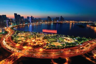 Al Majaz Waterfront in Sharjah at night