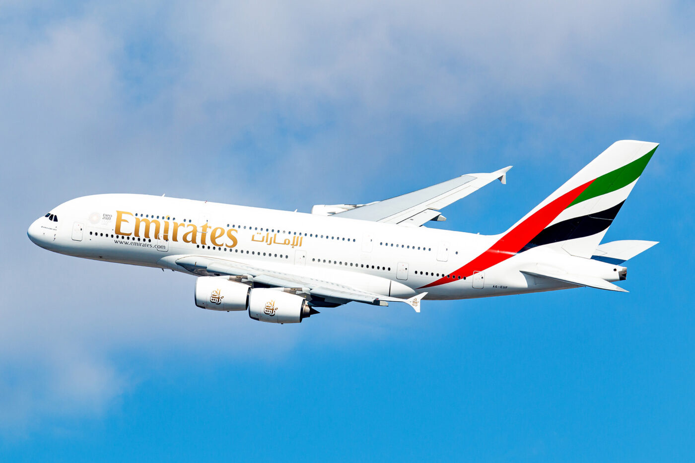 Emirates A380 flying in sky