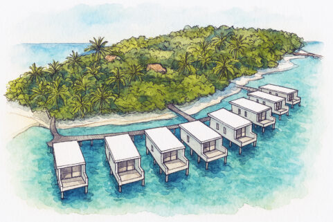 Illustrated sketch of Amilla Maldives resort