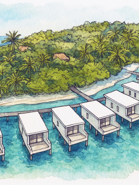 Illustrated sketch of Amilla Maldives resort
